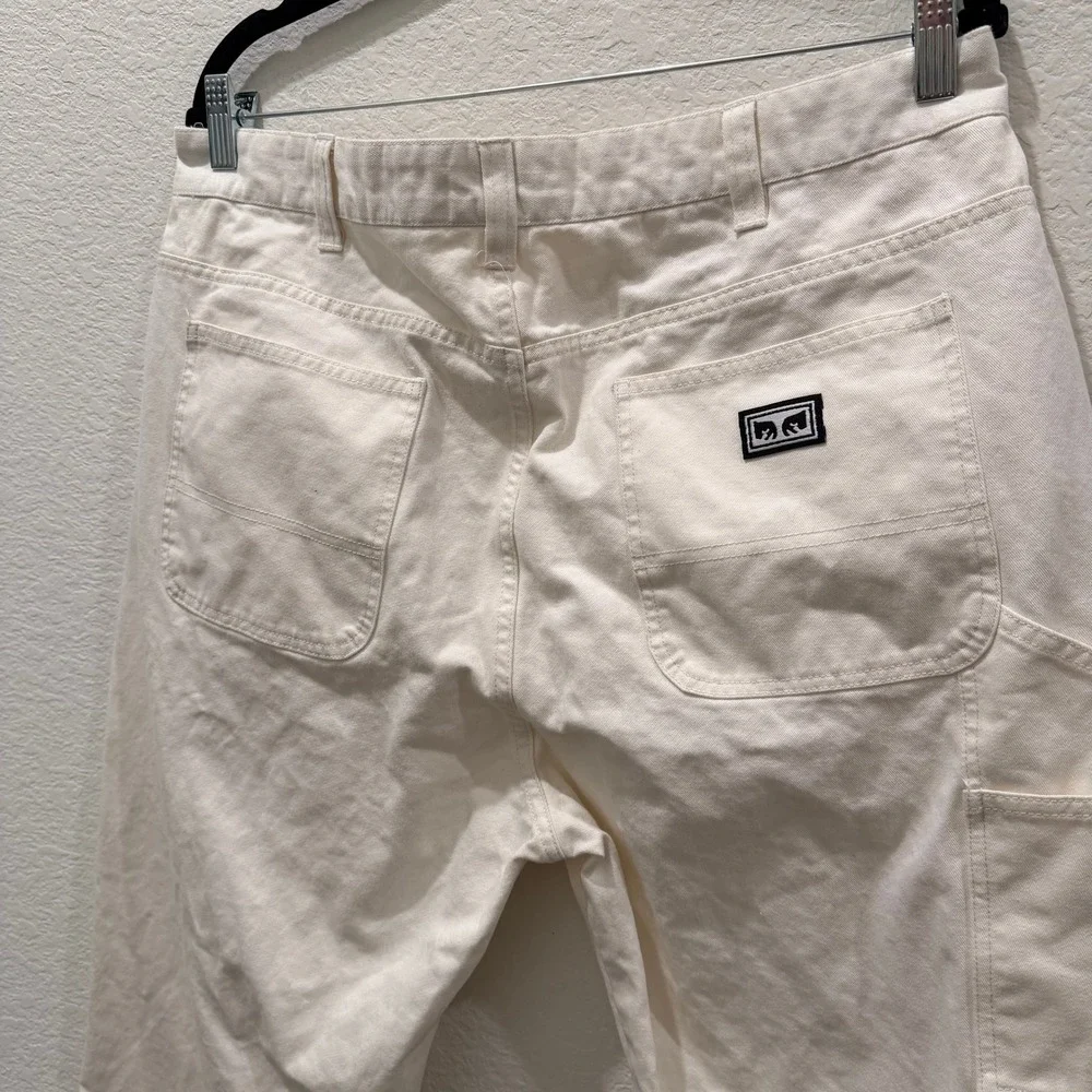 Obey Mens Carpenter Pants Off White Cream Cotton Canvas Workwear Size 34